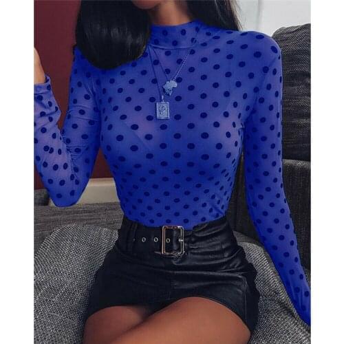 Brand New Womens See Through Blouse Lady Mesh Polka Dot Printed Long Sleeve Slim Fit Tops Shirt Female Turtleneck Party Clubwear
