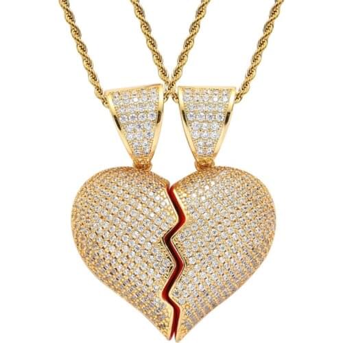 Rhinestone Link Ice Out Cubic Zircon Broken Heart Pendant Women Men Necklace Half Heart Charm Chain Couple Jewelry