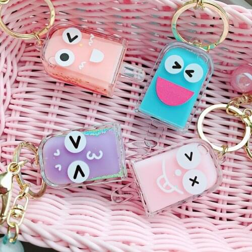 Creative Smiley Popsicle Keyring Mini Soft Drink Keychain Moving Liquid Oil Drop Decompression Car Bag Keyfob Jewelry Gift