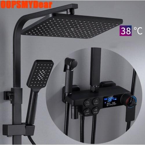 Smart Thermostatic Shower Set Bathroom Black Digital Shower System Wall Mount Hot Cold Bath Faucet SPA Rainfall Massage Torneira