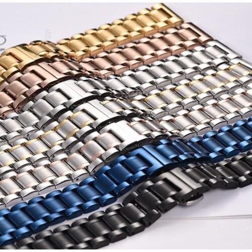 Stainless Steel Universal Solid Five Bead Watch Band 10mm - 24mm arc Flat Head Mens and Womens Fine Steel Butterfly Buckle