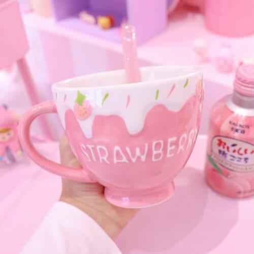 Japan 3D Sweet Strawberry Cup Relief Ceramic Coffee Mug for Girls Gifts Milk Teacup Cup