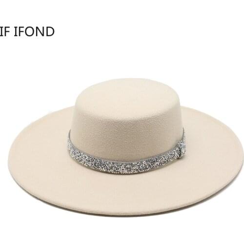 Winter Wool Diamond Decorate Fedora Hat British Flat Felt Jazz Hat For Women10CM Eaves Party Wedding Dress Hat
