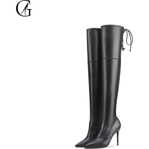 GOXEOU Womens Over-The-Knee Boots PU Matte Black Drawstring Pointed Toe 10 cm Heel Sexy Fashion Ladies Winter Shoes Size 32-46