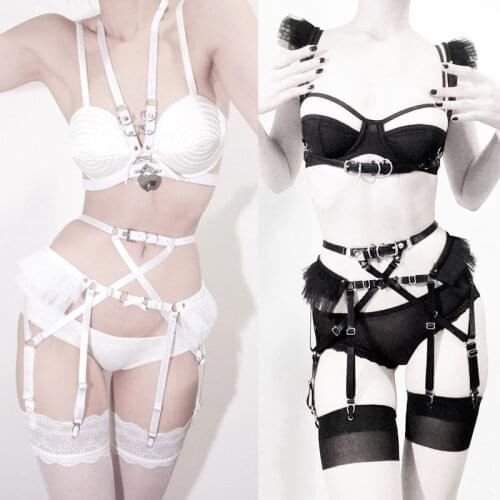 Women Handmade Punk Gothic Lolita Lace Bra Top Harajuku Ruffle Elastic Waist Garter Belt Underbust Cage Sculpting Harness