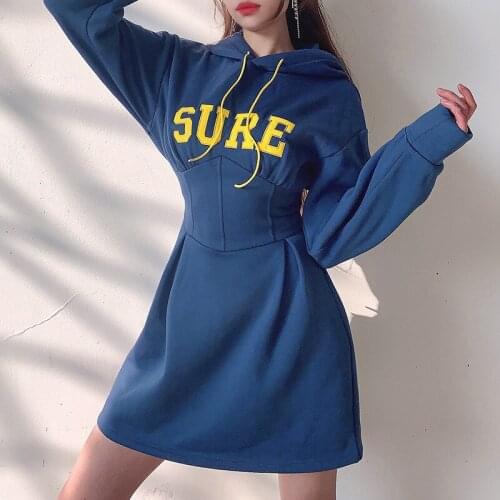 Letter Embroidery Mini Dress Lace Up Long Sleeve Sweater Casual Winter warm Slim street With Hood y2k Dresses for women 2021