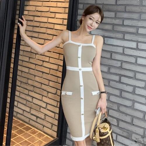 Real Photo 2021 South Korean Summer New Slim Sexy Stitching Contrast Color Knitted Womens Suspender Hip Wrap Dress
