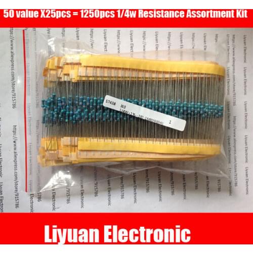 1250Pcs 1-1M Ohm 1/4w Resistance 1% Metal Film Resistor Resistance Assortment Kit Set 25 Kinds Each 50pcs 25values*50pcs=1250pcs
