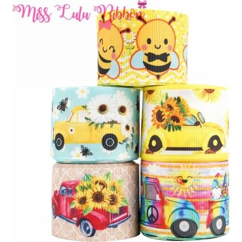 16mm-75mm Flower Rbbon Cartoon Bee&Sunflower Print Grosgrain Ribbon For Handmade Bow Material Print Elastic Band 50Yards