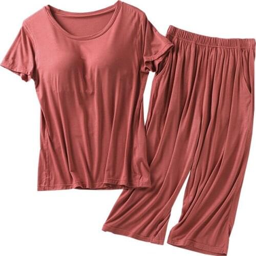 2021 Summer Modal Pajamas Sets Women Padded Top Short Sleeve O-neck T-Shirt All Match Tee Shorts Johns Bra-T Homewear X222