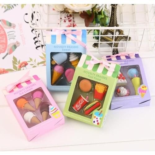 4pcs/set Eraser Cute Food Shape Ice Cream Drink Coke Eraser Kawaii Stationery Kids Gifts Creative School Office Supplies