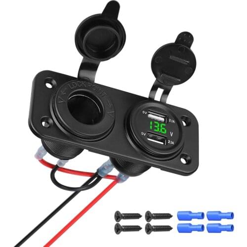 Car Motorcycle 12V-24V Cigarette Lighter Power Supply Adapter Dual USB Voltmeter Charger Socket Panel Plate Mount Outlet