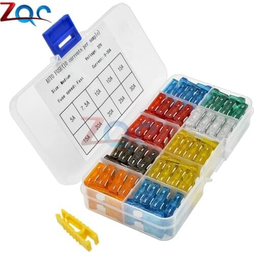 100PCS Medium Size Car Fuses 5A 7.5A 10A 15A 20A 25A 30A Amp with Box Clip Assortment Auto Blade Type Fuse Set Truck Zinc Alloy