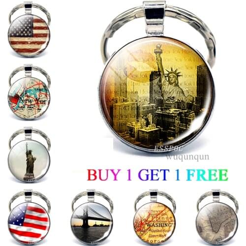 New York Keychain Pendant US Flag Souvenir Travel Glass Cabochon Jewelry Statue of Liberty American Map Flag Key Ring Women Gift