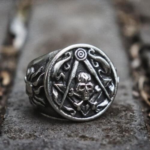 EYHIMD Heavy Masonic Stainless Steel Ring Freemason Crossbones Skull Signet Rings Mens Biker Jewelry