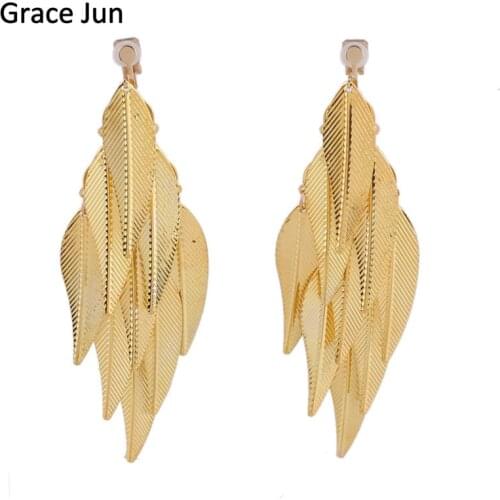 Grace Jun New Handmade Wicker Shape Clip on Earrings Without Piercing for Women Luxury Fashion Big Statement Pierced Earrings