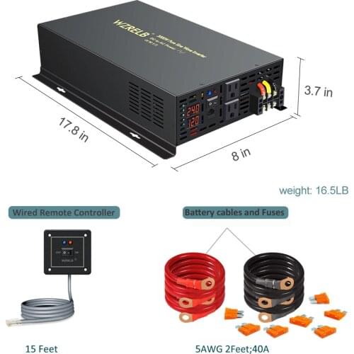 WZRELB Solar Power Inverter Pure Sine Wave 3000Watt 3kw 12V 24V 48V 72V DC to AC 110V 120V 220V 230V with Remote Control 50/60Hz