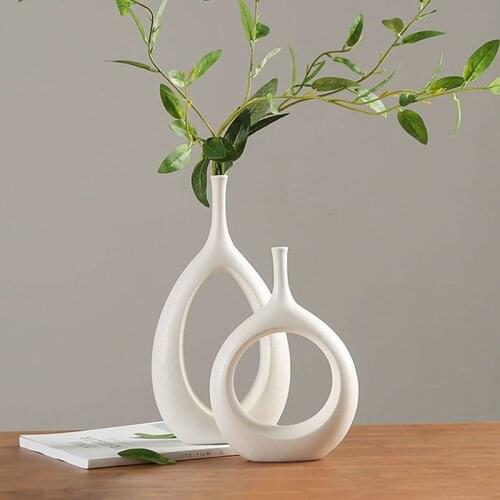 Nordic Simplicity Ceramic Flower Vase Home Decor Flower Pot Arrangement Round Hollow Creative Ornament Dried Flower Vase Crafts