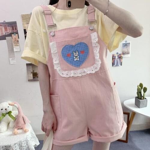 New Soft Girl Cute Rabbit Print Womens Jumpsuit Jumper Bodysuit Shorts Summer Kawaii Harajuku Tooling Loose Short Overalls Mujer