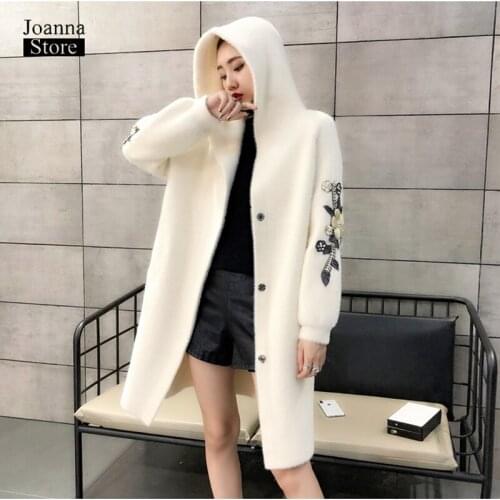 Faux mink velvet jacket women long plus size cardigan ladies coats and jackets embroidery floral office outwear winter fall coat