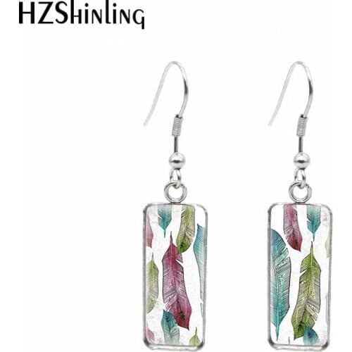 2021 New Birds Feather Rectangular Earring Colorful Feathers Fish Hook Earrings Glass Cabochon Handmade Jewelry