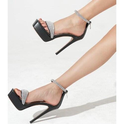 New Ladies Black White Leather Bling Sliver Crystal Sequins 11/13 CM Thin Heels Sandals Open Toe Platform Shoes Small Size 33