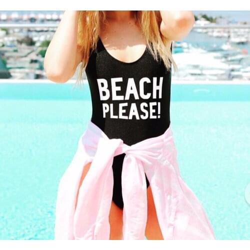 BEACH PLEASE Letter Print Bodysuit Women Sexy Swimsuit Swimwear Fashion Clothing Jumpsuits Rompers Beachwear One-Pieces