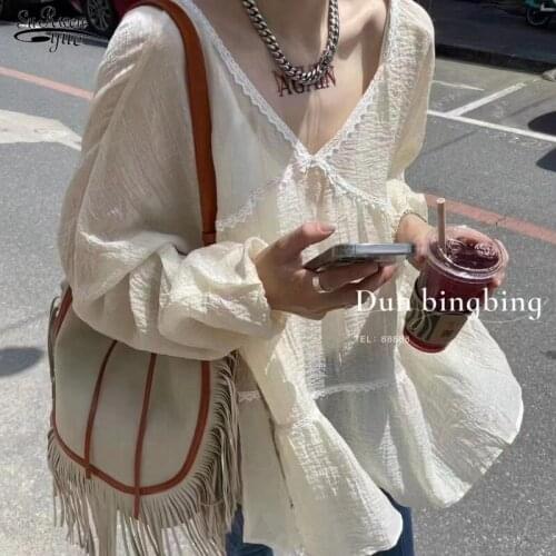 Super Thin Sun Protection Shirt Autumn New V-neck Lantern Sleeve Chiffon Blouse Korean Loose Long Sleeve Blouse Chemise 15700