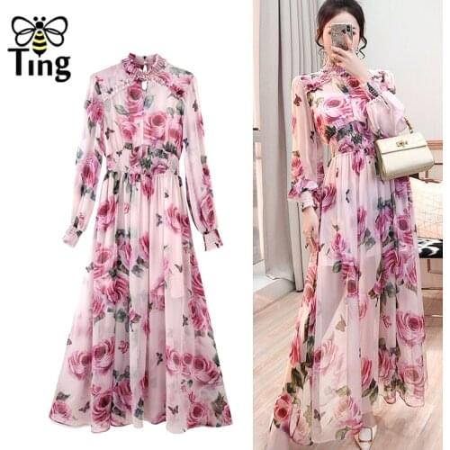 Tingfly Luxury Crystal Pink Flower Print Chiffon Maxi Party Long Dresses High Elastic Waist Lady Casual Dress Vestiti Haut Zaful