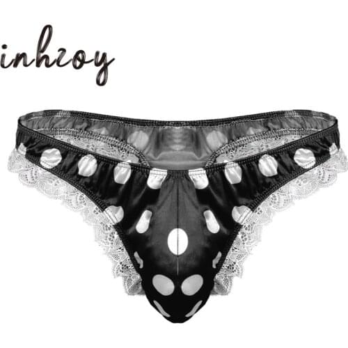 Mens Lingerie Sissy Panties Shiny Satin Ruffles Lace Polka Dots G-string Thongs Erotic Underpants Hot Sexy Male Gay Underwear