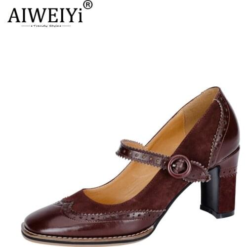 AIWEIYi Mary Jane Shoes High Heels Ladies Platform Shoes Spring Autumn Retro Style Square Toe Womens Shoes Genuine Leather Shoe
