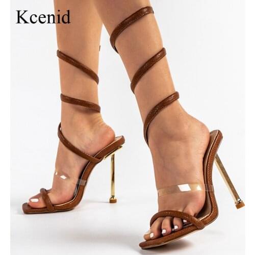 Kcenid New Women Sandals Fashion Metal High Heels Ankle Wrap Ladies Shoes Square Toel Woman Pumps Summer Female Sandals 2022