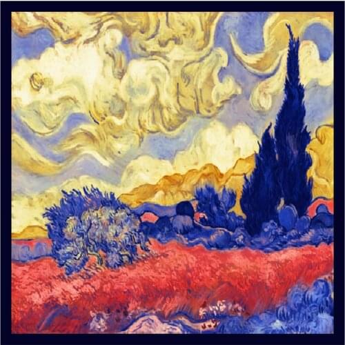 Silk Scarf Women Oil Painting Print Square Scarves Head Echarpes Silk Foulards Femme Wraps Beach Shawls Bandana Lady Hijabs 90CM