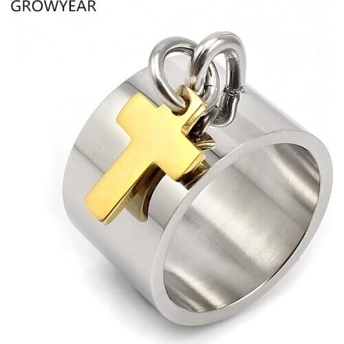 Two Tone Rings Gold Silver Color Femme Finger Rings Wide Stainless Steel Cross Ring Women Jewelry Size 7 8 9 10 6 11
