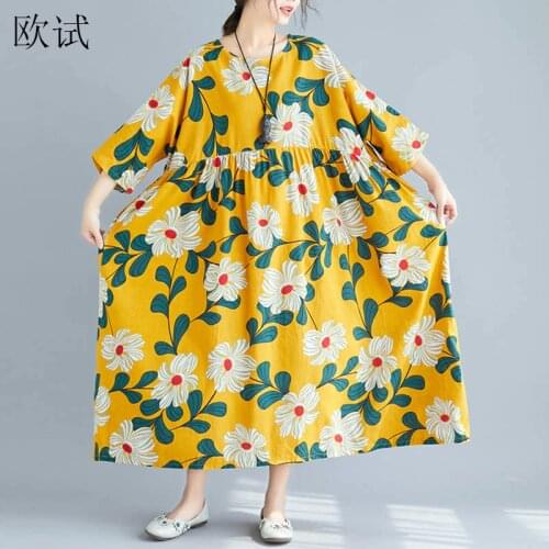 Plus Size Print Floral Cotton Linen Dress Women Yellow Ladies Dresses Summer Casual Loose Long Flower Dress 4XL 5XL 6XL 7XL 2019