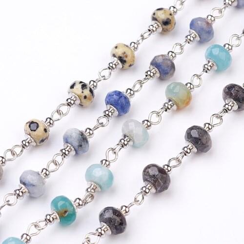 3 Strand 1mm Handmade Gemstone Beaded Chains Unwelded for Necklaces Bracelets DIY Making with Iron Eye Pin,beads: 8mm