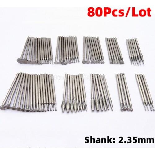 80Pcs 2.35mm Shank Diamond Cutting Grinding Head Mounted Points Bit Shank Jade Stone Carving Polishing For Rotary Tool Heads