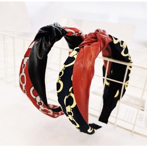 Satin Chain Print Hairband Top Knotted Women Girls Korean Patchwork Headband PU Leather Hairband Hippie Hair Accesosries