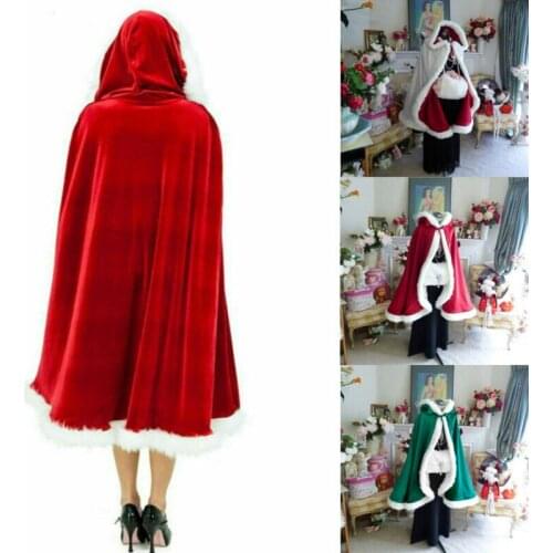 Adults Kids Velvet Fur Hooded Cloak Cape Cosplay Costumes Christmas Xmas Santa Claus Deluxe Cloak Cape with white Fluffy Trim