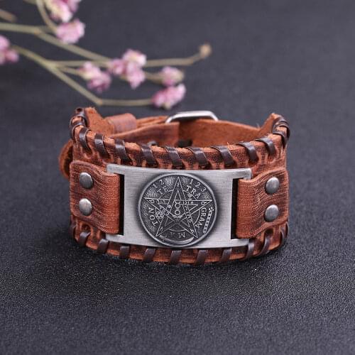 LIKGREAT Pentagram Runes Round Charm Bracelet Adjustable Leather Cuff Punk Bracelets for Men Leather Wristband Bangles Jewelry