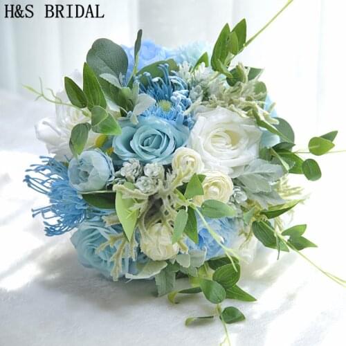H&S BRIDAL Ivory Blue Bridal Bouquet Bouquet De Mariage Artificial Vintage Wedding Bouquets For Brides 2020 Bridesmaid Flower