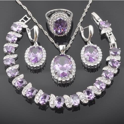 Elegant Purple Crystal Jewelry Sets For Women Silver Color Cubic Zirconia Earrings Pendant Necklace Rings Bracelet QS0461
