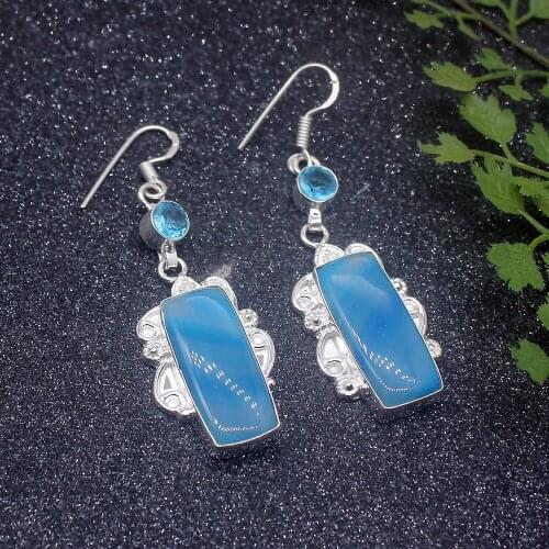 Elegant Blue BotswanaAgate Topazz Silver Color For Women Drop Dangle Earrings 2 1/4 inch HD497