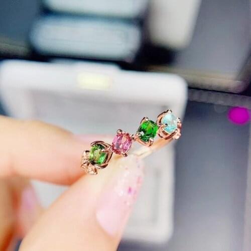 Natural real colorful tourmaline ring Per jewelry 925 sterling silver 3*4mm 0.25ct*4pcs gemstone Fine jewelry J213318