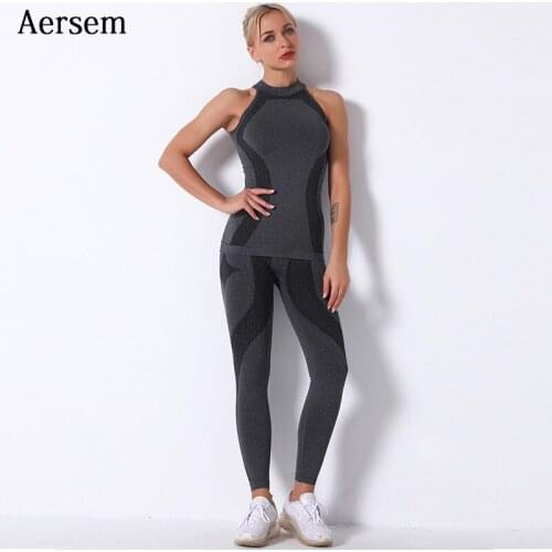 Aersem Gym Sports Set Women Sleeveless Crop Top+Pants Seamless Knitting Workout Clothes Indoor Yoga Suit for Ladies Running