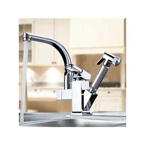 Fashion high quality brass single lever hot and cold kitchen sink faucet with pull out shower head with double using