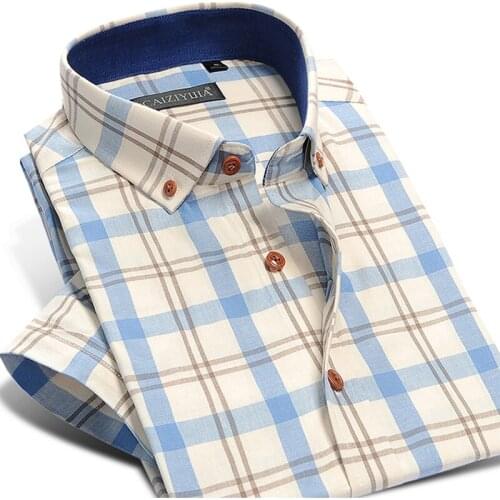 Mens Short Sleeve Fashion Cotton Plaid Checkered Dress Shirt Pocketless Summer Casual Slim-fit Button Down High Qualituy Shirts
