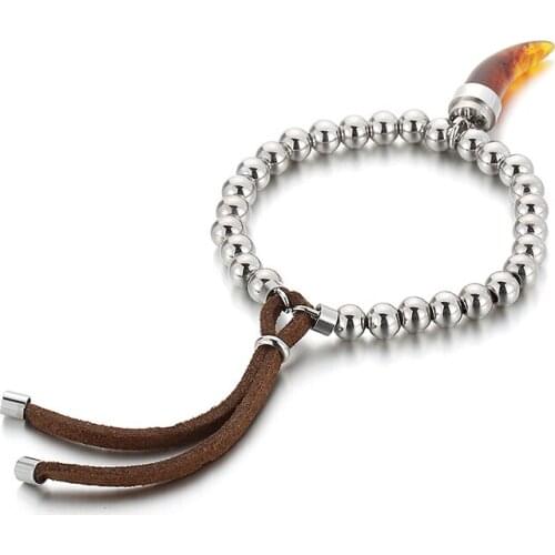 Man Jewels Store Fashion Stainless Steel Beaded Bangles Adjustable Mens Featured Bracelet Animal Tooth Pattern Pendant Jewelry