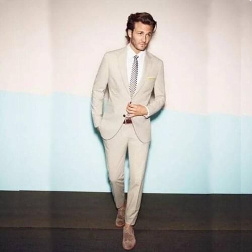 Two Pieces New Arrival Mens Suit 2021 Slim Fit Two Button Notched Lapel Beige Wedding Suit Groom Wear Blazer (Jacket+Pants+Tie))