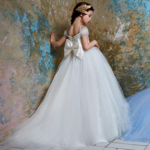 Flower Girl Dresses With Bow Beaded Crystal Lace Up Applique Ball Gown First Communion Dress for Girls Customized Vestidos Longo